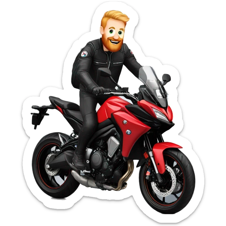 Blonde man with short ginger beard on red Yamaha Tracer 9r in wheelie position sticker