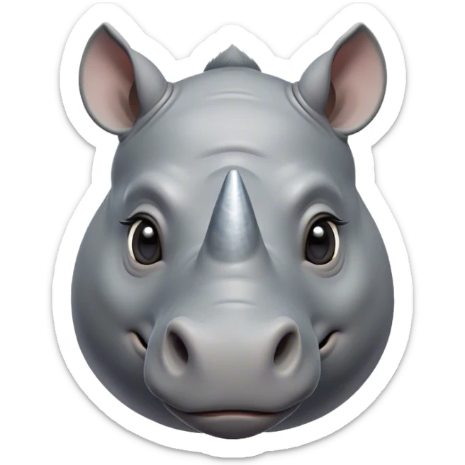 Cinematic Cute Rhinoceros Portrait Emoji, Head tilted playfully and inquisitively, featuring a rugged, glossy slate-gray hide with a gentle, rounded horn and round, sparkling eyes filled with curious wonder, Simplified yet irresistibly adorable features, highly detailed, glowing with a warm, friendly glow, high shine, affectionate and mighty, stylized with a touch of ancient charm, bright and endearing, soft glowing outline, capturing the essence of a mischievous yet loving rhinoceros, so playful it feels like it could stomp out of the screen and into your arms! sticker