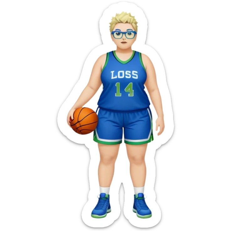 full body white plus size women basketball player with short spiky dark hair with added blond highlights wearing blue glasses wearing green and blue uniform sticker