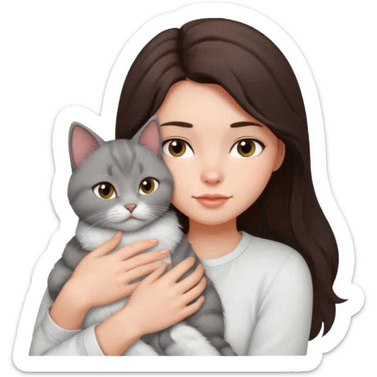 Brunette girl in white shirt snuggling grey cat sticker