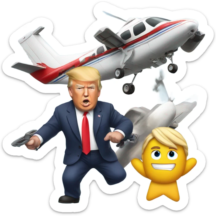 Donald trump by himself holding an airplane in one hand and a helicopter in the other hand smashing them together sticker