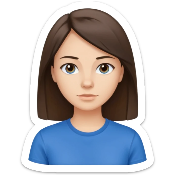 young brunette brawn-eyed woman with straight hair with a blue t-shirt with  sticker