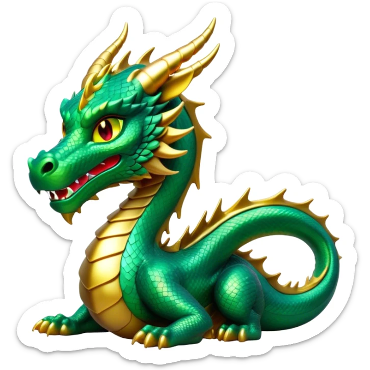 Cinematic Noble Dragon Portrait Emoji, Poised and majestic, with a sinuous, elongated build and shimmering, scale-covered skin in hues of emerald and gold, piercing, fiery eyes, Simplified yet sharp and sophisticated features, highly detailed, glowing with a mystical, radiant glow, high shine, intelligent and formidable, stylized with an air of ancient power, focused and attentive, soft glowing outline, capturing the essence of a watchful and legendary dragon that feels as though it could soar out of the screen with effortless authority! sticker