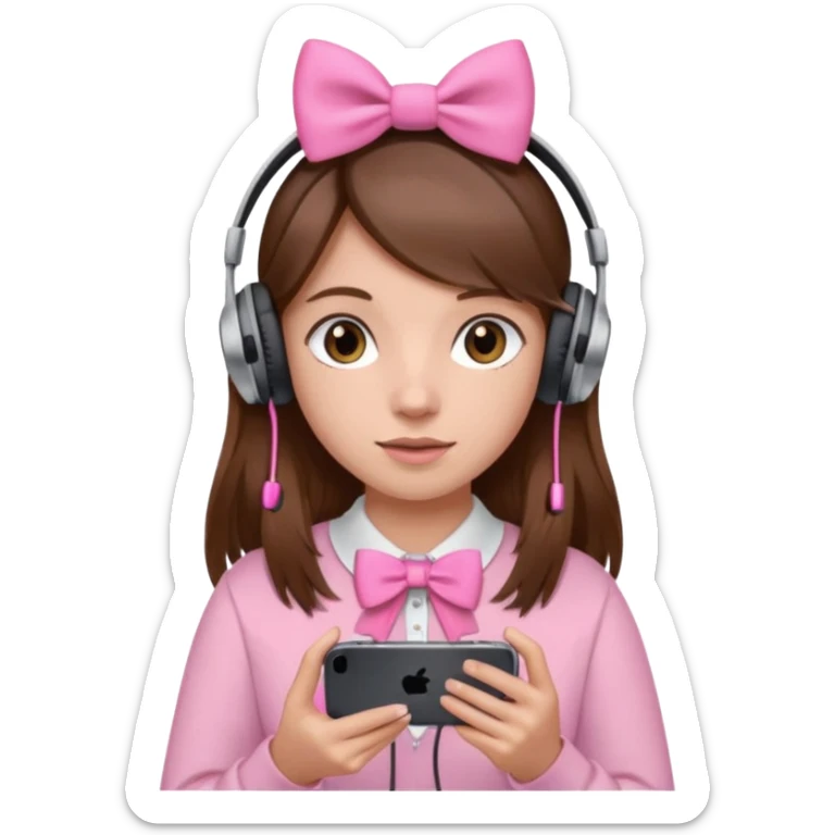 Girl with brown hair and a pink bow with headphones and a iPhone 13 Pro sticker