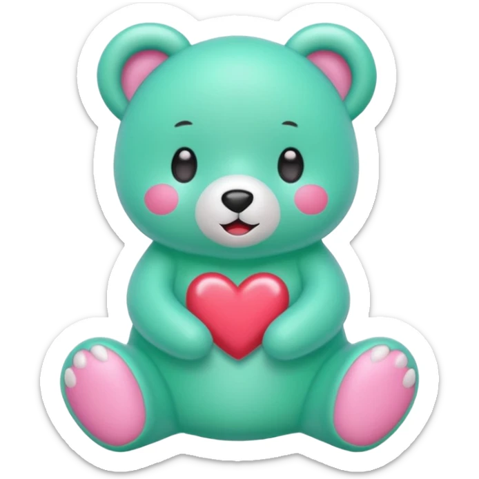 Oso gummy color verde agua  corazón rosa kawaii con cuerpo entero parado sticker