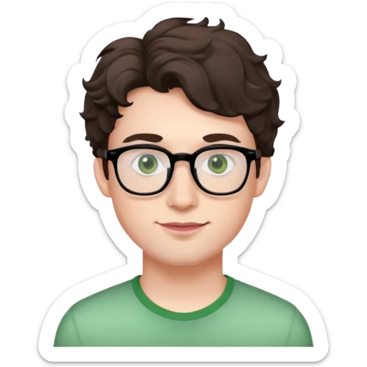 Young man with dark brown slightly wavy poofy hair (just a bit of curl, not too curly), green eyes wearing glasses, wide face with eyes set apart, bigger ears, very pale skin, slightly bigger nose, fuller darker pink lips with a smile, and very light stubble sticker