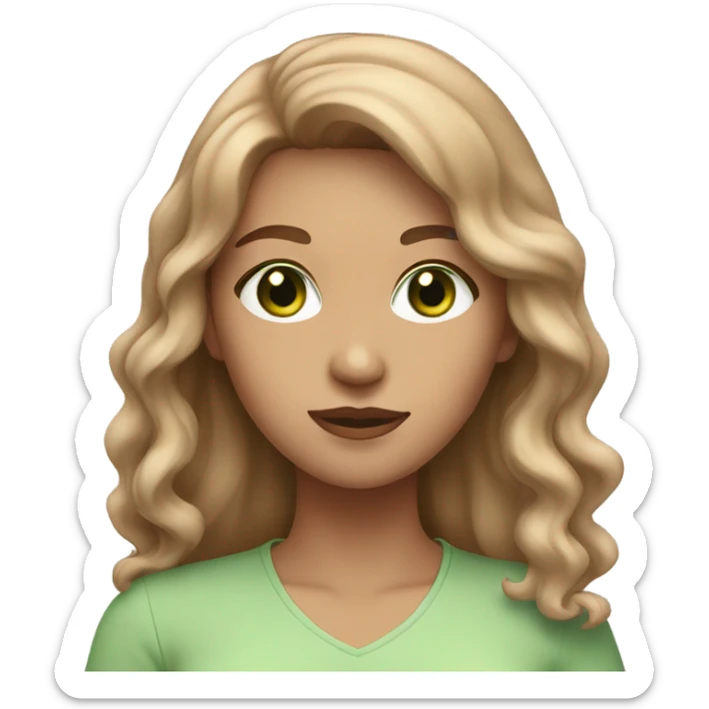 young woman with green eyes, light brown wavy hair and a light pink outfit sticker