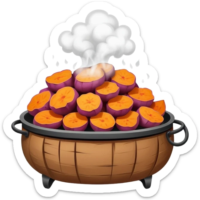 Street vendor roasted sweet potato with steam rising, simplified emoji style with bold outlines and bright colors, cartoon style hot Kao Hong Shu sticker