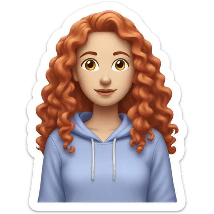 white girl with long red curly hair, wearing a pastel periwinkle hoodie doing a pose sticker