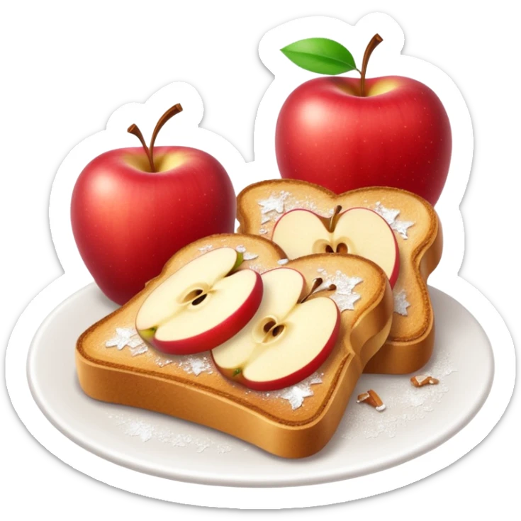 toast with apple slices on top, apples with a sprinkle of powdered sugar, no text sticker