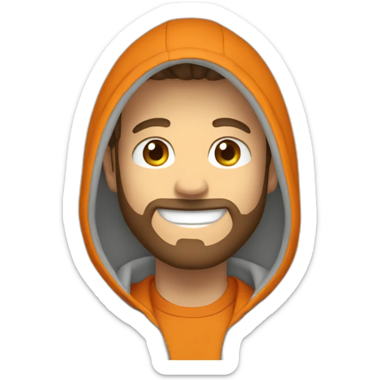 white dude smiling with a brown beard and short brown hair with an orange hooded hoodie sticker