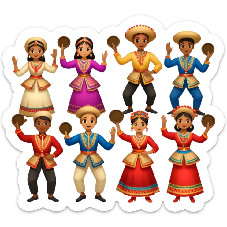 Icon for Folk Dance: a group of men and women performing a national dance in vibrant traditional costumes, with some holding castanets and tambourines. The icon should capture the festive and cultural energy of folk dance. Transparent background. sticker