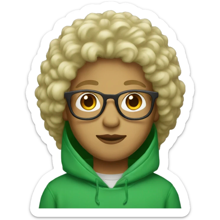person with glasses and blonde fluffy hair and a green sweatshirt with hood up standing straight sticker