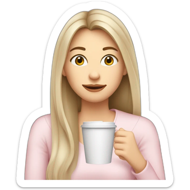woman-with-pale-skin-and-brown-long-thin-straight-hair-wearing-a-white-woolly-shirt-drinking-coffee-from-a-light-pink-takeaway-cup-eyes-closed-b sticker