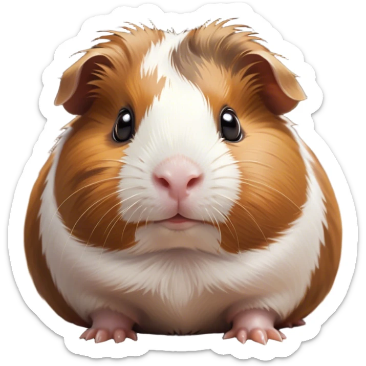 Cinematic Cute Brown and White Banded Guinea Pig Portrait Emoji, Head tilted playfully and inquisitively, showcasing a fluffy fur with playful brown and white banded patterns, round, sparkling dark eyes filled with curiosity, Simplified yet irresistibly adorable features, highly detailed, glowing with a warm, friendly glow, high shine, affectionate and spirited, stylized with a touch of whimsy, bright and endearing, soft glowing outline, capturing the essence of a mischievous yet loving guinea pig, so playful it feels like it could dash out of the screen and into your arms! sticker