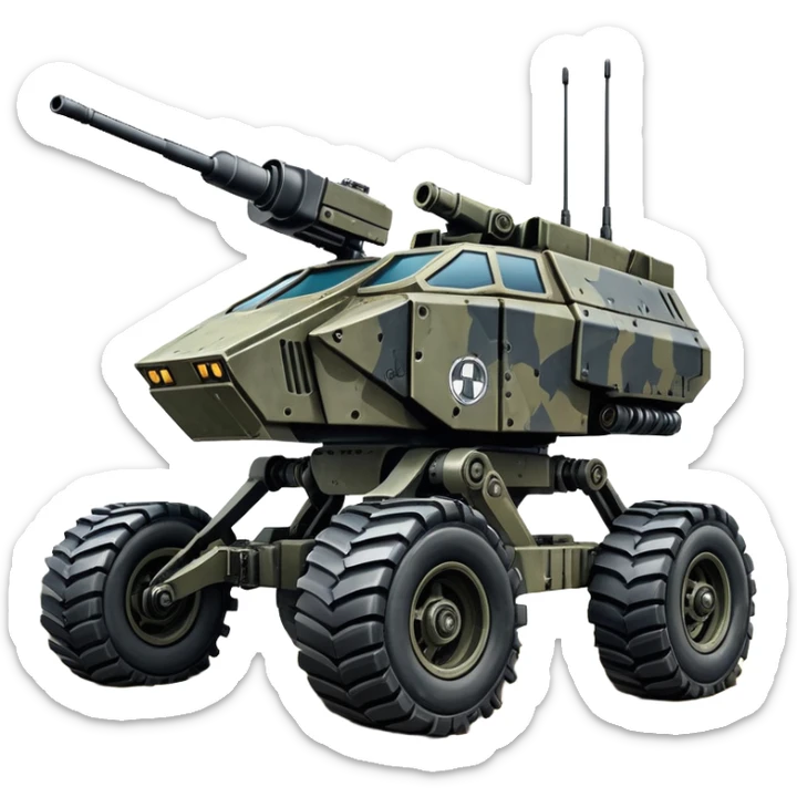 unstoppable American 8-wheel armored personnel stealth camouflage army massive mech trail vehicle shooting forward side-hill leaning actively robotically articulating hydraulic independent suspended pod gimbal enemy mech off-road racing rover with large fast engine RC basher crawler megatron  sticker