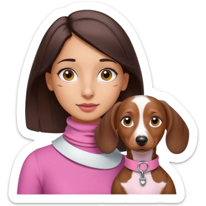 a brunette girl, olive skin, hazel eyes, pink top, neck brace on her neck, piebald dachshund next to her sticker