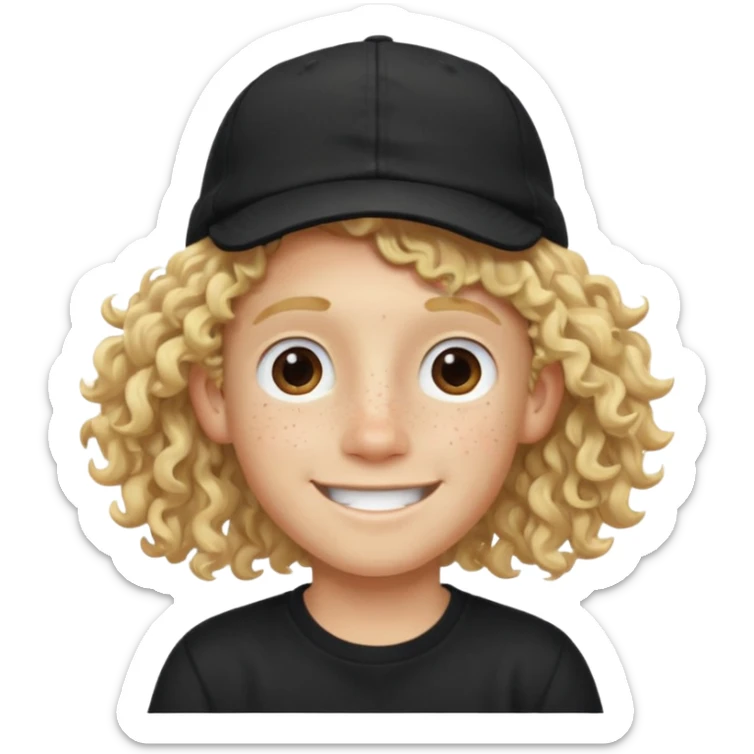 blonde boy with long curly hair past his hears and a LA hat, smiling, wearing a black shirt with freckles sticker