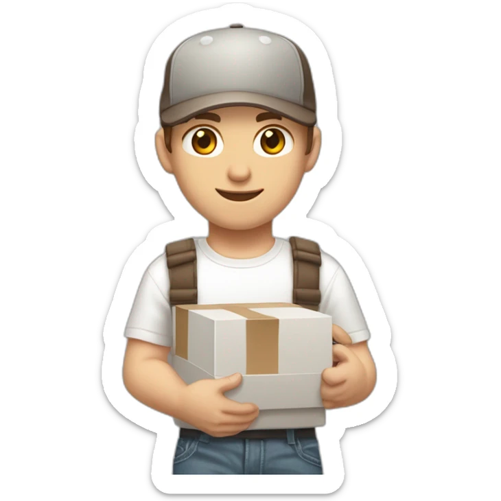 Pale skinned fit Man with dark brown hair in a light gray cap, dark brown jeans, brown polo and white T-shirt keeping a pasted with tape white box into his hands sticker