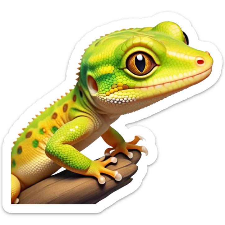 cinematic-cute-realistic gecko-portrait-emoji,-head-tilted-playfully-and-inquisitively,-featuring-a-small,-charming-body-with-smooth,-vividly-patterned-scales,-bright,-sparkling-eyes-and-delicate,-sticky-toe-pads,-simplified-yet-irresistibly-adorable sticker