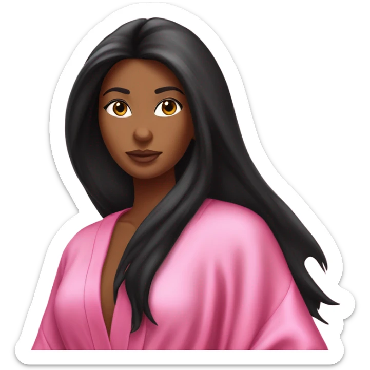 Tanned woman with long black hair wearing a silk pink Victoria’s Secret robe sticker