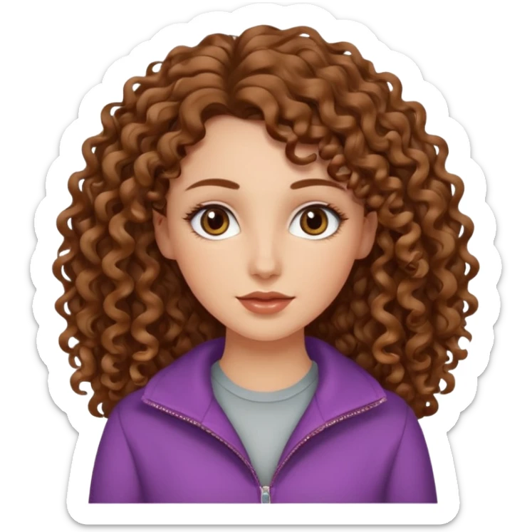 White girl with brown long 3A curly hair, brown almond shape eyes, refined wide nose, natural lips. Cute clothnig sticker