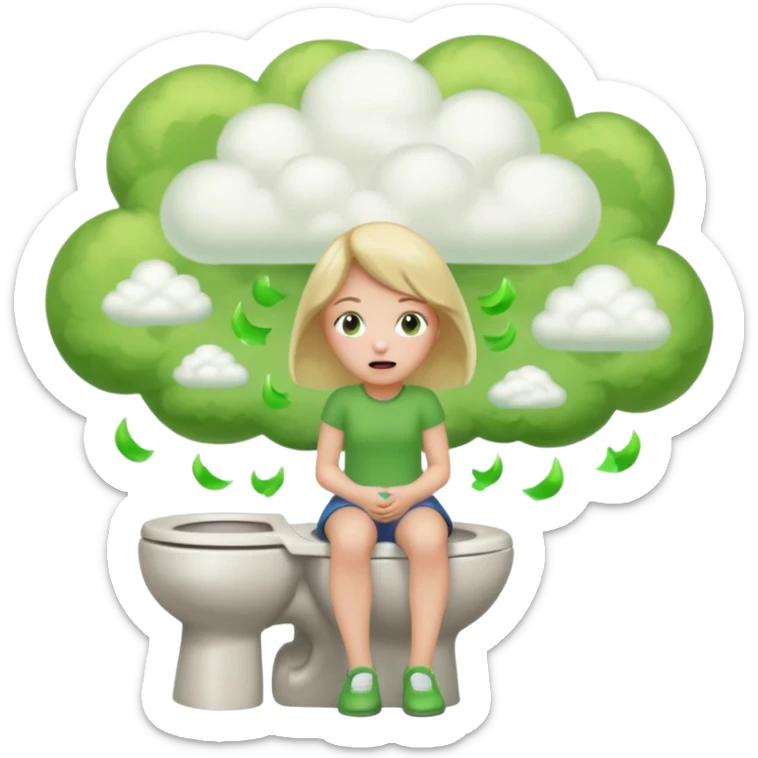 Girl on toilet with green fart clouds around here, she looks relieved sticker