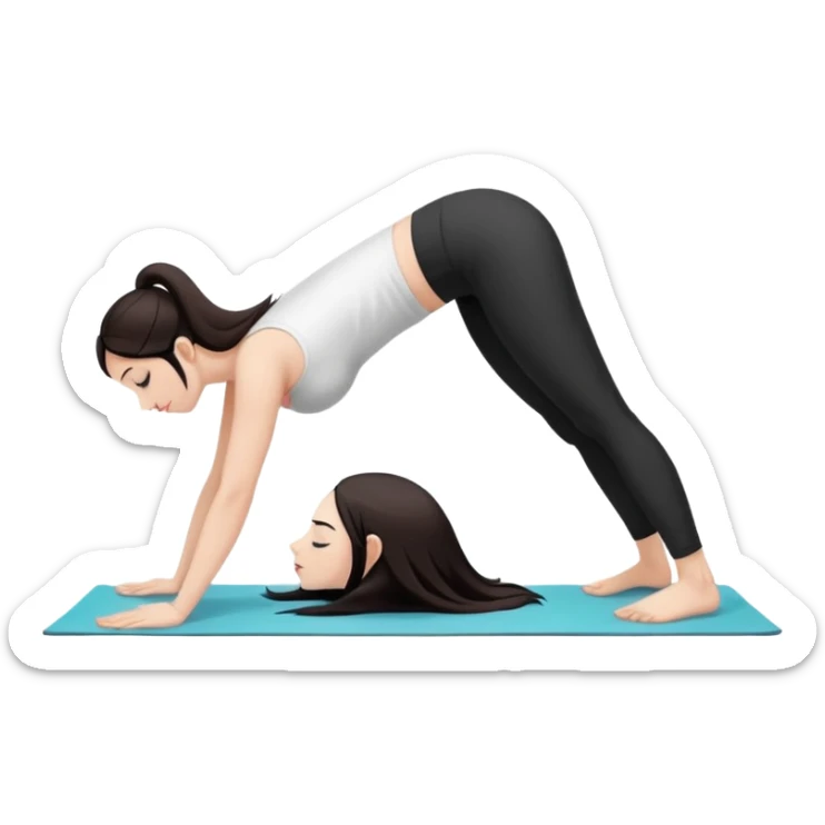 Девушка белокожая в позе собака мордой вниз, с длинными темными волосами, в белом топе, в черных лосинах, с черными ресницами sticker