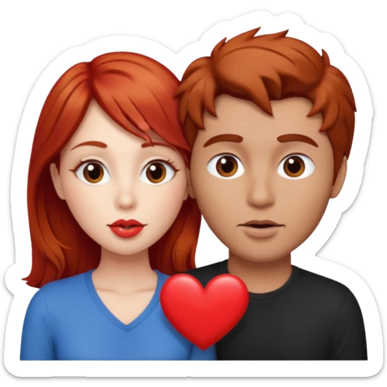 mujer pelirroja y hombre con pelo café haciendo cara de beso pero con un corazón entremedio sticker