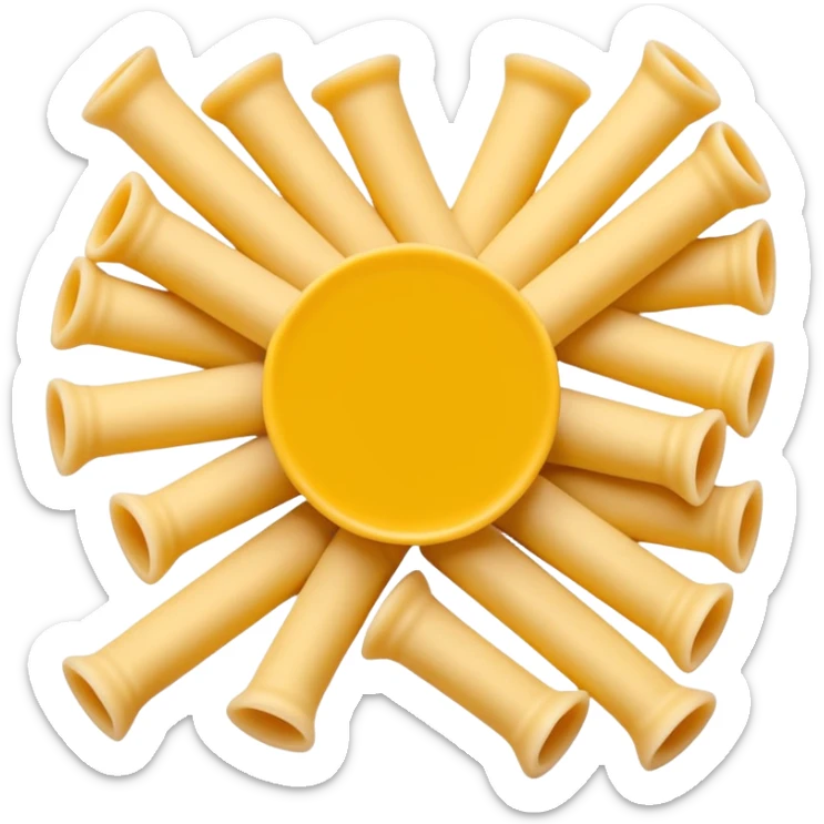 loose scatter of uncooked elbow-shaped pasta tubes in pale golden yellow, smooth matte texture, slightly curved forms, cleanly cut edges, surfaces subtly ribbed or plain, no plate, sauce, or packaging, soft lighting, subtle shadows, emoji scale sticker