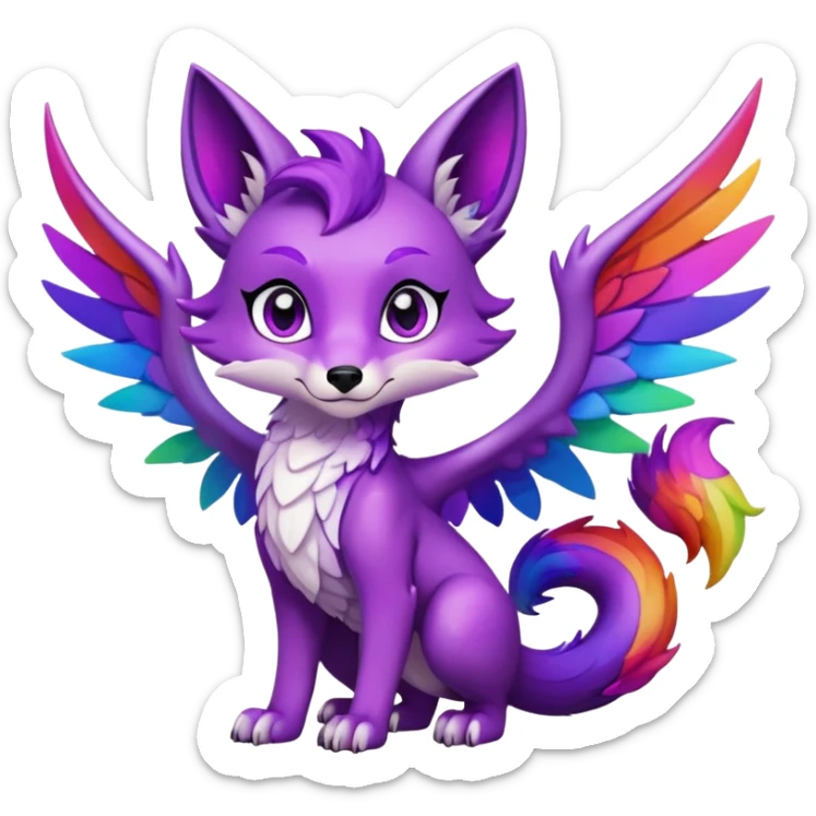 Cartoon Fox dragon hybrid purple eyes with wings face front full body dark rainbow colored sticker