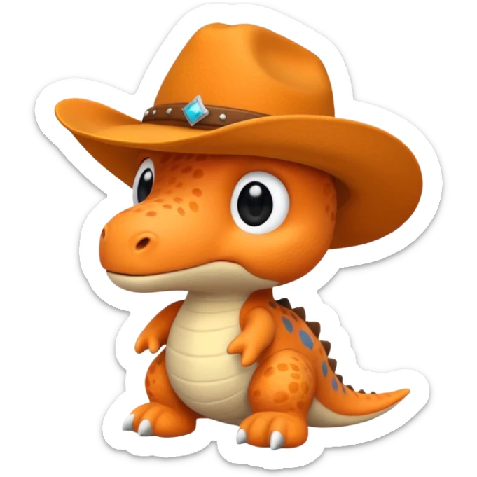 A emoji of a small dino plushie that's orange with a cowboy hat sticker