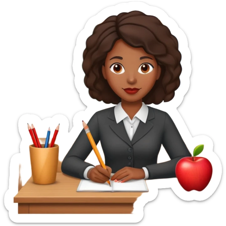 Black female teacher at desk with one apple and one pencil sticker