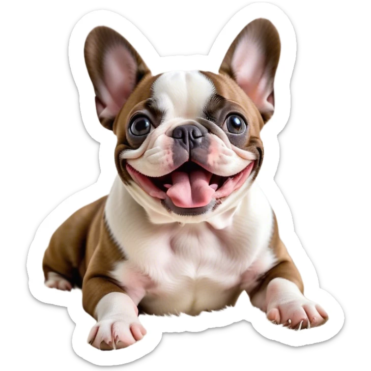 Cinematic Cute Yawning Pied French Bulldog Portrait Emoji, Head tilted with an exaggerated, endearing yawn and sleepy, squinty eyes, showcasing a unique pied fur of contrasting colors with a playful expression, simplified yet irresistibly adorable, highly detailed, glowing with a soft, cozy radiance, high shine, exuding a relaxed, humorous charm, styled with a gentle, soft glowing outline, capturing the essence of a Pied French Bulldog in a blissfully cute yawn that warms the heart! sticker