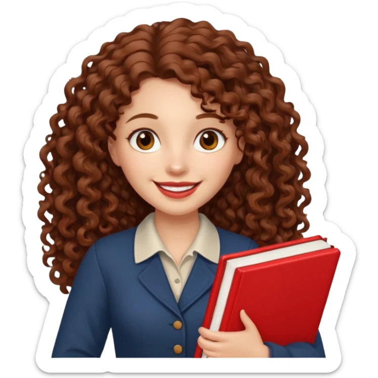 Long Hair Women with red Book, Brown curly hair, happy

 sticker