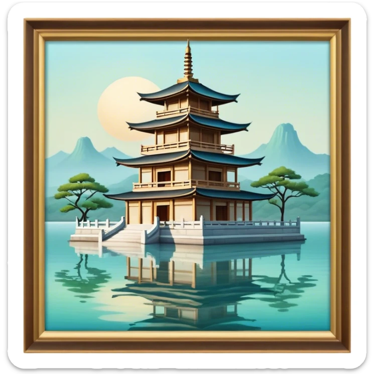 Cinematic Realistic Tran Quoc Pagoda Landmark Emoji, depicted with an ancient pagoda set on tranquil waters rendered with delicate textures and serene, reflective lighting. sticker