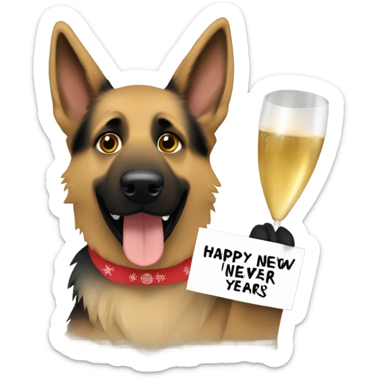 Blonde and brown German shepherd holding a sign that says “Happy New Years Eve” sticker