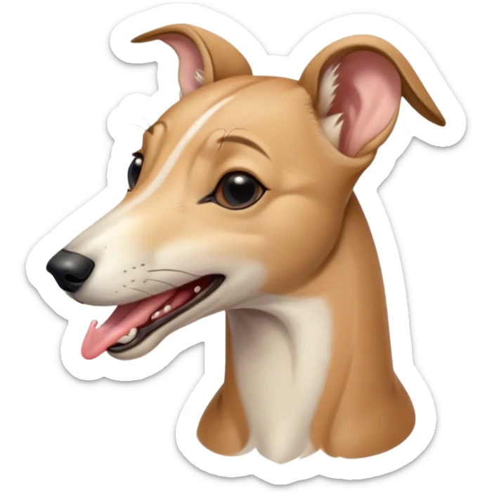 Cinematic Cute Yawning Fawn Greyhound Portrait Emoji, Head tilted slightly with a dramatic, wide-open yawn, showcasing a smooth fawn Fur with a refined finish, floppy ears slightly drooping, round eyes barely open in drowsy contentment, Simplified yet irresistibly adorable features, highly detailed, glowing with a soft, cozy glow, high shine, relaxed yet expressive, stylized with a touch of whimsy, bright and endearing, soft glowing outline, capturing the essence of a sleepy yet affectionate companion, so drowsy it feels like it could stretch out of the screen and curl up for a nap! sticker