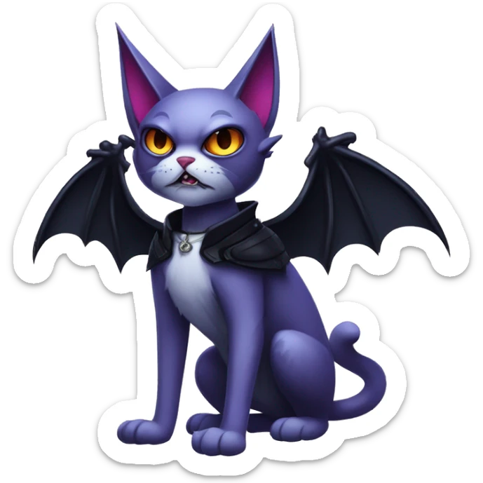  cool edgy fantasy dark-themed animal vampiric cat-hybrid Fakemon with fangs and bat-wing-ears with a collar full body sticker