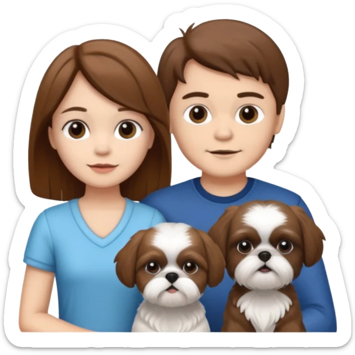 A couple boy and girl with brown hair both of them with two shih tzu dogs black and white sticker