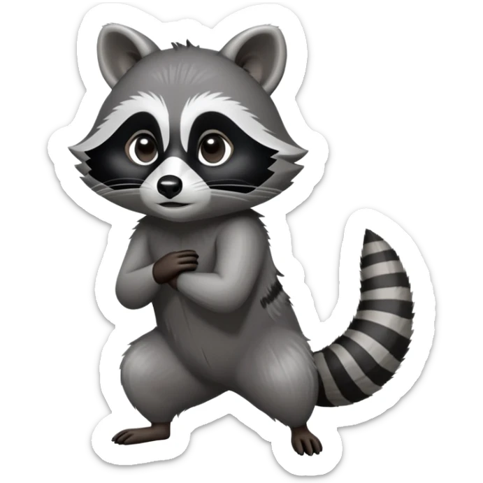Cinematic-Raccoon-Realistic-hunched Full-Body-Standing on all fours-Emoji – Tail flicking lazily, head tilted dramatically, thick grey fur with a signature black mask, sharp and alert ears, simplified yet realistic focused features, highly detailed, glowing with an almost sarcastic glow. sticker