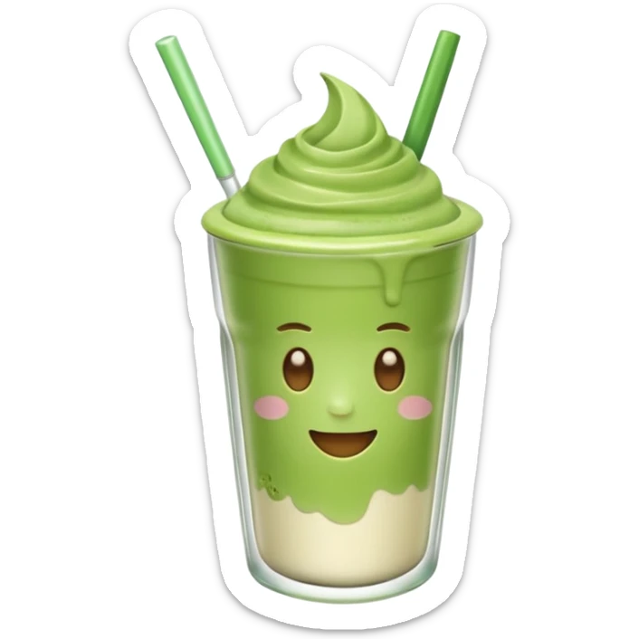 Emoji glossy 3D de un vaso de matcha latte, vaso de vidrio transparente con matcha espumoso verde pastel, capas suaves de leche y matcha, brillo intenso tipo sticker, sombras delicadas, fondo transparente, estilo cute moderno, alta calidad sticker