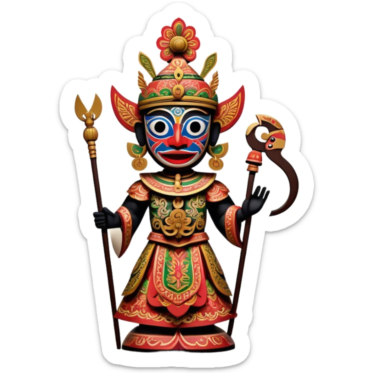 Golek Ayun-ayun – Cinematic Realistic Wayang Golek Ayun-ayun, depicted as an intricately carved traditional wooden puppet with vibrant painted details and expressive features, set on a dimly lit stage with dramatic shadows that evoke centuries of Indonesian theatrical heritage, rendered with lifelike textures and subtle ambient glow. sticker