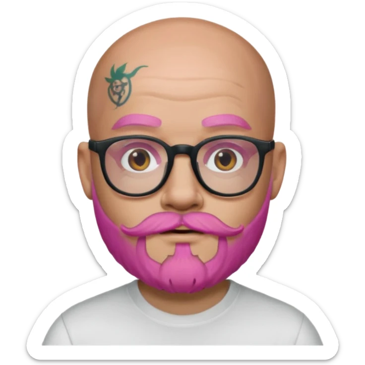 bald man with a pink beard, glasses, and face tattoos, Apple memoji emoji style sticker