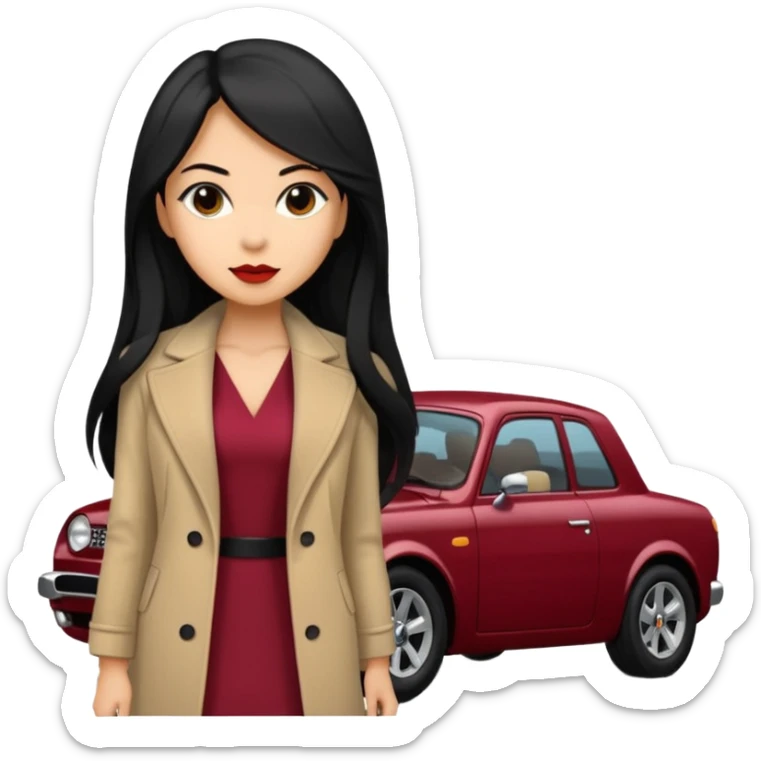 A fast, expensive black car with a young woman beside it The young woman has long black hair, wears a beige formal coat, and underneath is a cherry-colored dress. With expensive blak caaar sticker