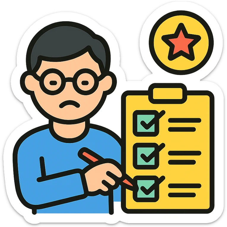 color outline icon of a perfectionist checking a checklist, precise and organized sticker