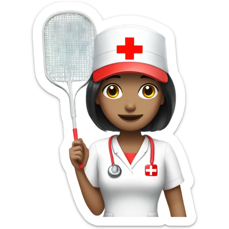 short black hair female nurse with red cross sign hat playing badminton sticker