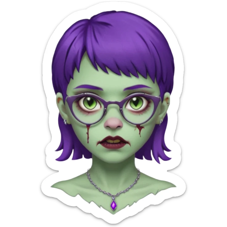 Una mujer zombie con perforacion en la nariz y perforación Madonna, lentes tipo ojo de gato, fleco pequeño y cabello largo morado oscuro  sticker