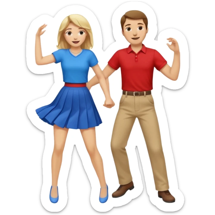 Two people dancing. Man in red shirt and pants with brown hair. Women in blue shirt and skirt with blond hair. sticker