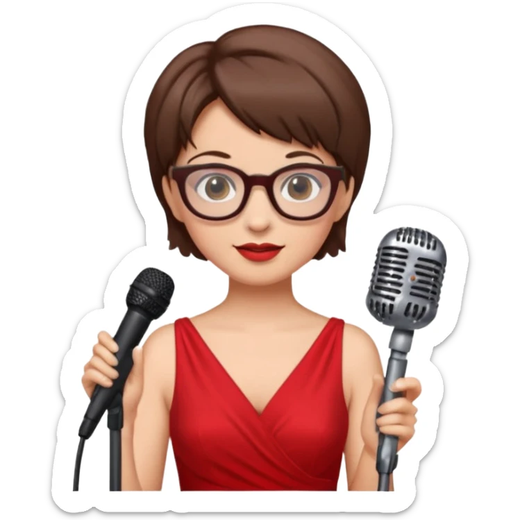singer, Old, brown short hair, holding mic, red dress, glasses sticker